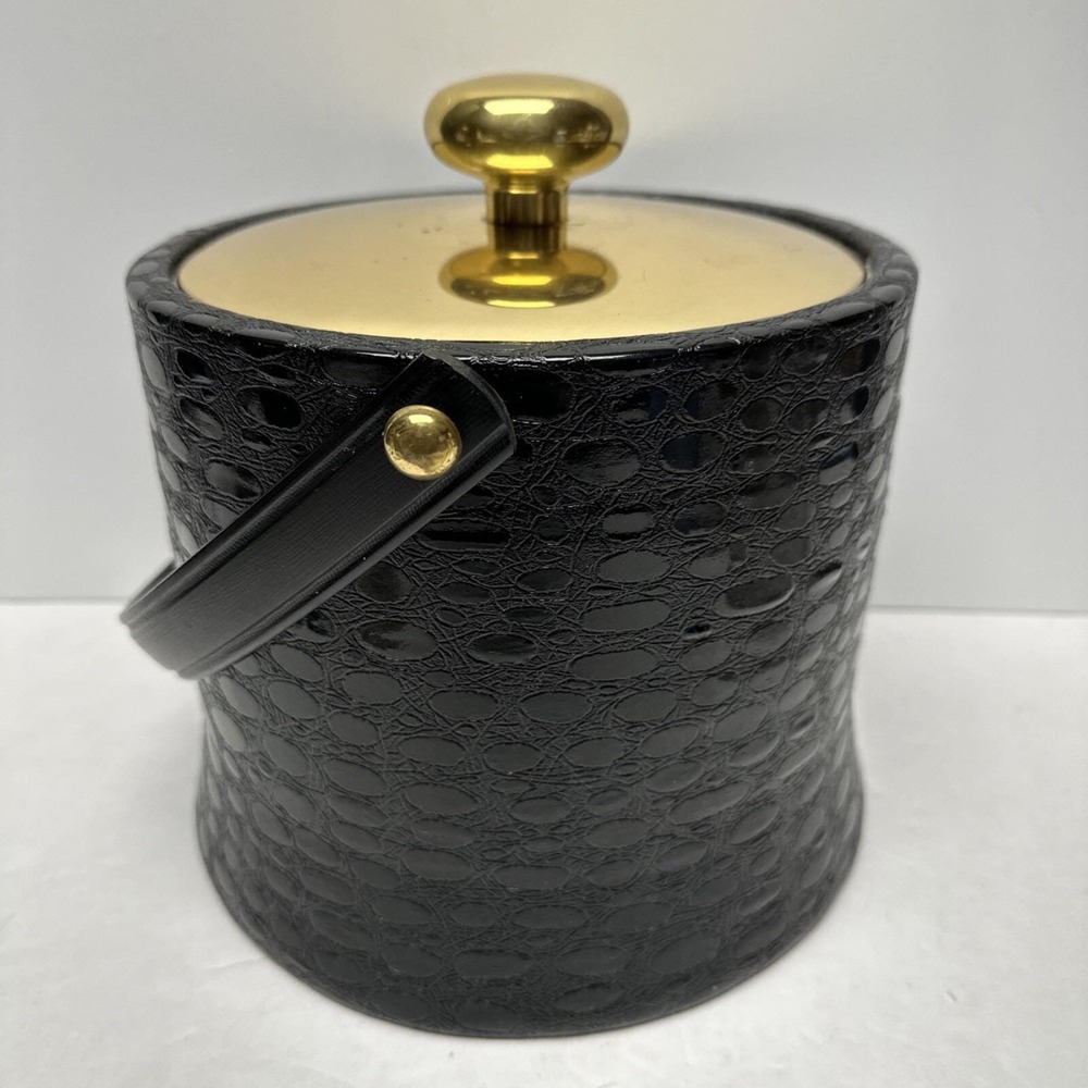 Kraftware Ice Bucket Faux Black Leather W/ Gold color Lid & Trim W/Ice Tongs MCM